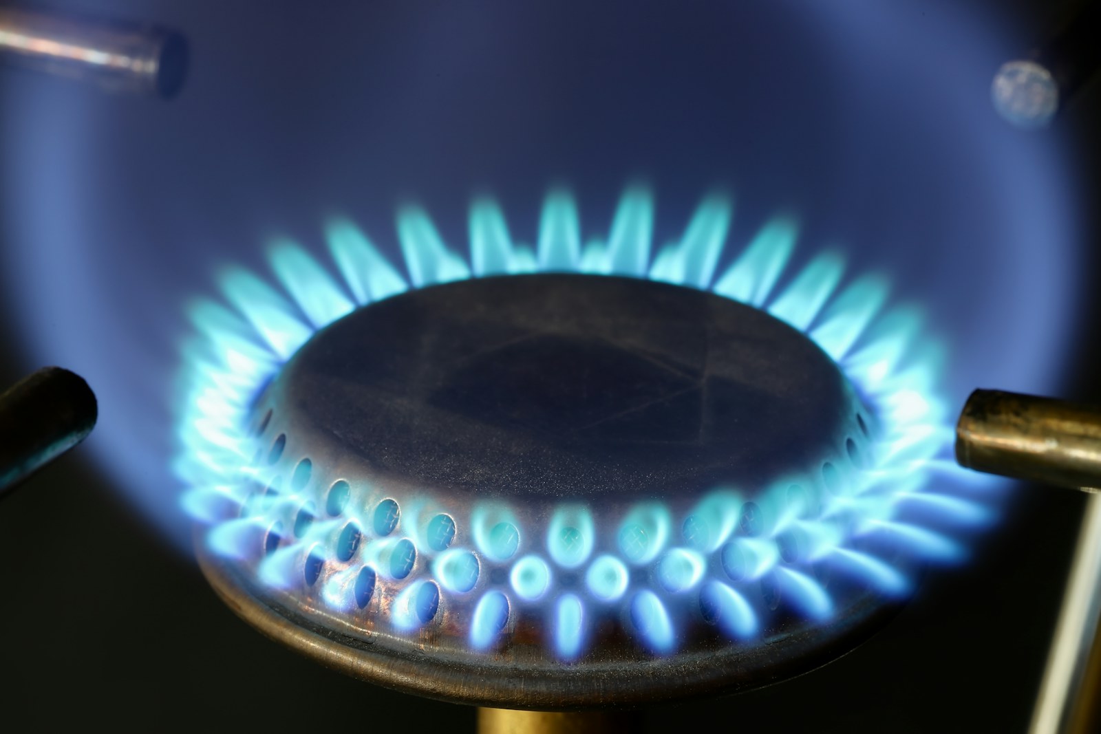 Close-up of a gas stove burner with an even blue flame